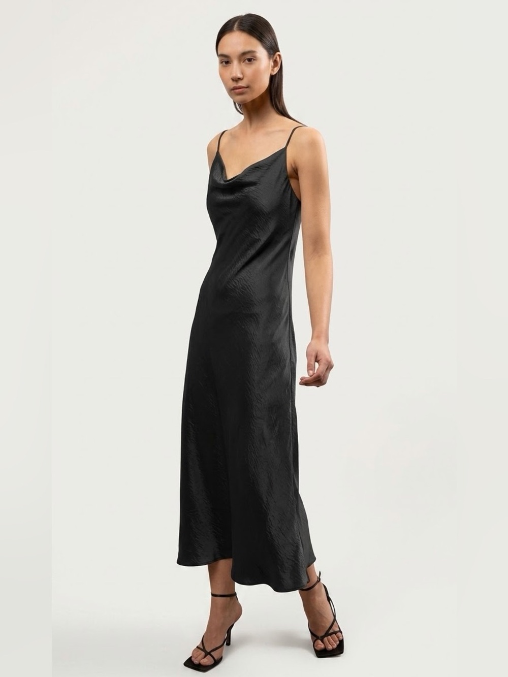 OAK + FORT Black Satin Slip Midi Dress